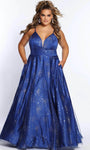 Plus Size V-neck Cocktail Floor Length Empire Waistline Sleeveless Spaghetti Strap Glittering Open-Back Lace-Up Pocketed Plunging Neck Prom Dress