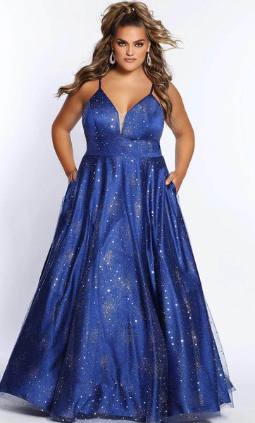 Plus Size V-neck Lace-Up Glittering Open-Back Pocketed Cocktail Floor Length Empire Waistline Plunging Neck Sleeveless Spaghetti Strap Prom Dress