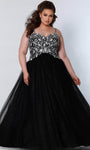 Plus Size Cocktail Floor Length Basque Waistline Applique Lace-Up Embroidered Glittering Sleeveless Sweetheart Prom Dress