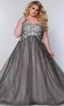 Plus Size Sleeveless Basque Waistline Embroidered Applique Glittering Lace-Up Sweetheart Cocktail Floor Length Prom Dress