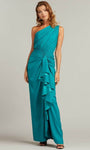 Sexy Ruched Slit Open-Back Asymmetric One Shoulder Sleeveless Sheath Floor Length Natural Waistline Sheath Dress With Ruffles