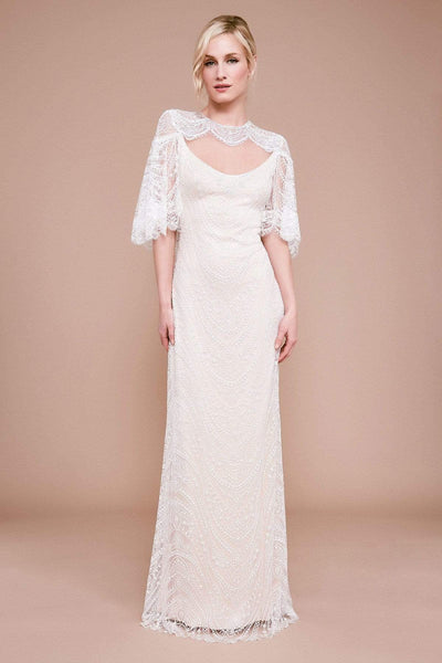 Bell Sleeves Jeweled Neck Natural Waistline Sheath Hidden Back Zipper Open-Back Draped Crystal Fitted Sheath Dress/Wedding Dress with a Brush/Sweep Train With Pearls