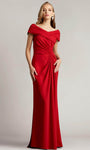 Floor Length Bateau Neck Collared Pleated Slit Back Zipper Ruched Sheath Crepe Natural Waistline Off the Shoulder Sheath Dress