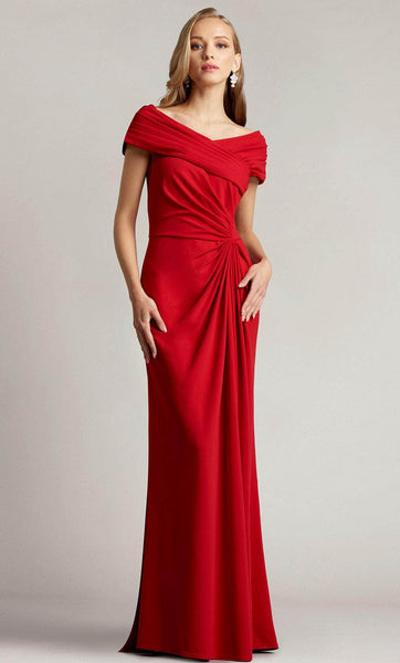 Bateau Neck Collared Natural Waistline Off the Shoulder Slit Ruched Back Zipper Pleated Sheath Crepe Floor Length Sheath Dress