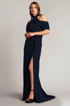 Sheath Crepe Natural Waistline Halter Cold Shoulder Sleeves Floor Length Back Zipper Draped Slit Sheath Dress/Evening Dress with a Brush/Sweep Train