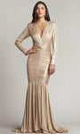 Tall V-neck Natural Waistline Ruched Pleated Fitted Mermaid Floor Length Long Sleeves Plunging Neck Dress