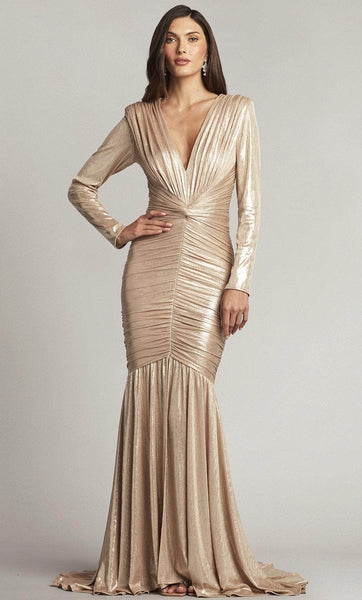 Tall V-neck Natural Waistline Mermaid Ruched Fitted Pleated Floor Length Long Sleeves Plunging Neck Dress