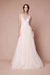 A-line V-neck Plunging Neck Sleeveless Natural Waistline V Back Sheer Applique Illusion Back Zipper Embroidered Wedding Dress with a Brush/Sweep Train