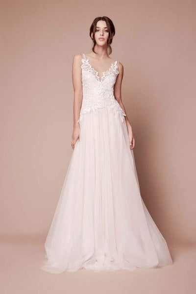 A-line V-neck Plunging Neck Sleeveless Natural Waistline V Back Embroidered Sheer Illusion Back Zipper Applique Wedding Dress with a Brush/Sweep Train