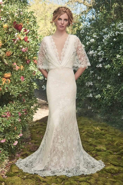 Floor Length Plunging Neck Natural Waistline Mermaid Back Zipper Illusion Sheer Lace Dress with a Brush/Sweep Train