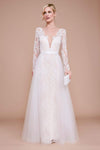 A-line V-neck Plunging Neck Natural Waistline Illusion Sheer Back Zipper Embroidered Open-Back Long Sleeves Wedding Dress