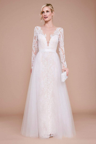 A-line V-neck Plunging Neck Sheer Embroidered Open-Back Back Zipper Illusion Natural Waistline Long Sleeves Wedding Dress