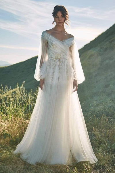 A-line Floor Length Long Puff Sleeves Sleeves Off the Shoulder Natural Waistline Sheer Embroidered Pleated Floral Print Wedding Dress