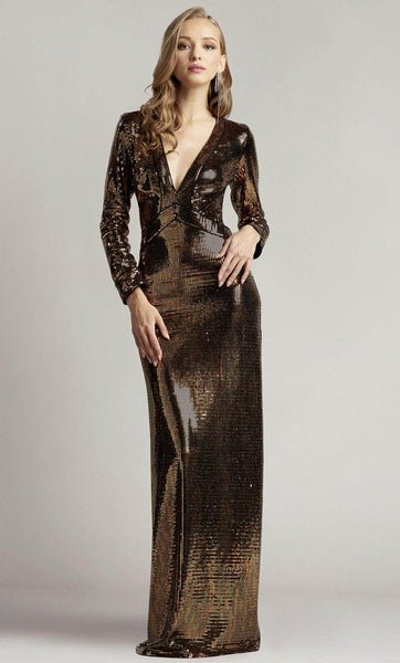 V-neck Natural Waistline Sheath Long Sleeves Floor Length Fitted Sequined Open-Back Plunging Neck Sheath Dress/Evening Dress with a Brush/Sweep Train