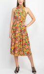 A-line Flutter Sleeves Sleeveless Natural Waistline Floral Print Halter Hidden Back Zipper Racerback Tea Length Dress