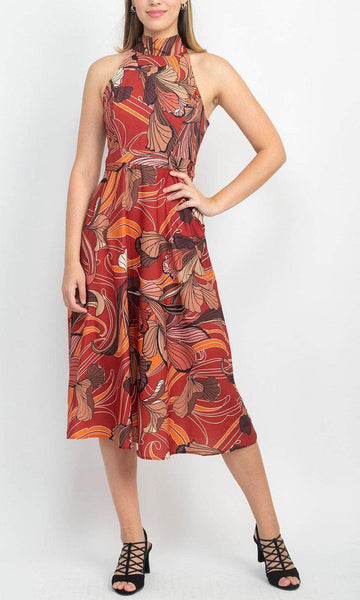 A-line Natural Waistline General Print Sleeveless Halter Self Tie Racerback Fitted Fit-and-Flare Tea Length Dress