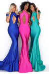 Halter Plunging Neck Jersey Cold Shoulder Sleeves Mermaid Open-Back Cutout Back Zipper Natural Waistline Party Dress with a Brush/Sweep Train