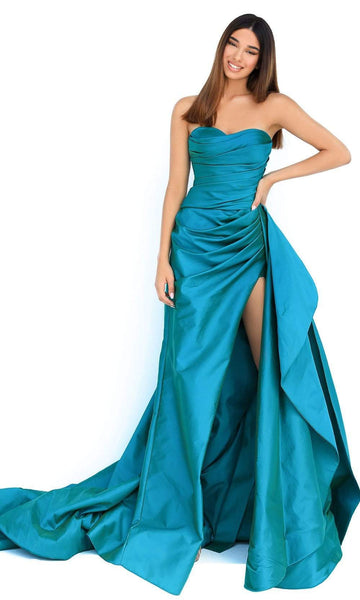 A-line Strapless Floor Length Taffeta Sweetheart Slit Pleated Fitted Ruched Hidden Back Zipper Natural Waistline Evening Dress with a Court Train