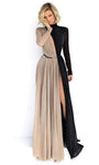 Sophisticated A-line Floor Length High-Neck Jersey Long Sleeves Fitted Pleated Glittering Cutout Slit Belted Natural Waistline Evening Dress