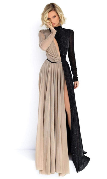 Sophisticated A-line High-Neck Fitted Glittering Slit Pleated Cutout Belted Jersey Floor Length Long Sleeves Natural Waistline Evening Dress