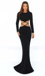 Fitted Cutout Open-Back Jeweled Back Zipper Crepe Mermaid Floor Length Jeweled Neck Natural Waistline Long Sleeves Evening Dress