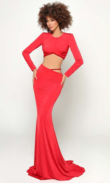 Long Sleeves Mermaid Jeweled Neck Cutout Back Zipper Natural Waistline Jersey Dress with a Brush/Sweep Train
