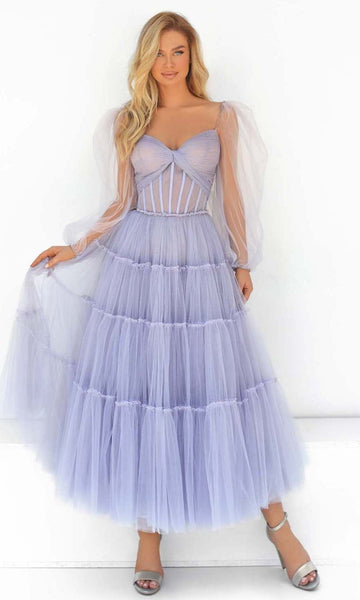 A-line Puff Sleeves Sleeves Tulle Corset Empire Waistline Tea Length Tiered Open-Back Lace-Up Sweetheart Evening Dress