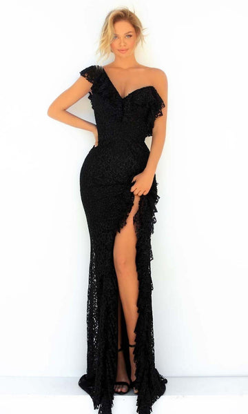 Sophisticated Floor Length Lace Back Zipper Open-Back Fitted Asymmetric Slit Natural Waistline Mermaid Sleeveless Evening Dress With Ruffles