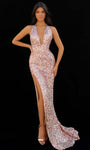 Sleeveless Open-Back Backless Slit Sequined Back Zipper Natural Waistline Sheath Halter Plunging Neck Jersey Sheath Dress with a Brush/Sweep Train