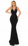 Sophisticated V-neck Floor Length Crepe Sheath Sleeveless Natural Waistline Back Zipper Keyhole Fitted Cutout Sheer Bodycon Dress/Sheath Dress with a Brush/Sweep Train