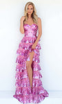 A-line Spaghetti Strap Sweetheart Slit Tiered Sequined Corset Natural Waistline Dress with a Brush/Sweep Train
