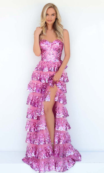 A-line Sweetheart Spaghetti Strap Sequined Tiered Slit Corset Natural Waistline Dress with a Brush/Sweep Train