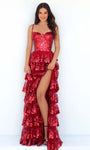 A-line Corset Natural Waistline Tiered Slit Sequined Spaghetti Strap Sweetheart Dress with a Brush/Sweep Train
