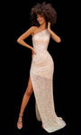 Sheath Floor Length Sleeveless Natural Waistline Fitted Asymmetric Open-Back Slit Sequined Jersey Sheath Dress/Evening Dress
