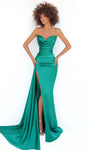 Strapless Pleated Draped Slit Open-Back Satin Natural Waistline Cowl Neck Sheath Sheath Dress with a Brush/Sweep Train