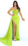 Strapless Cowl Neck Sheath Natural Waistline Satin Draped Slit Open-Back Pleated Sheath Dress with a Brush/Sweep Train