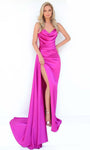 Strapless Satin Cowl Neck Natural Waistline Sheath Pleated Open-Back Draped Slit Sheath Dress with a Brush/Sweep Train