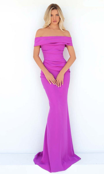 Mermaid Crepe Natural Waistline Back Zipper Open-Back Ruched Off the Shoulder Dress with a Brush/Sweep Train