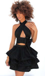 A-line Taffeta Halter Short Gathered Back Zipper Cutout Pleated Tiered Open-Back Empire Waistline Dress With a Bow(s) and a Ribbon