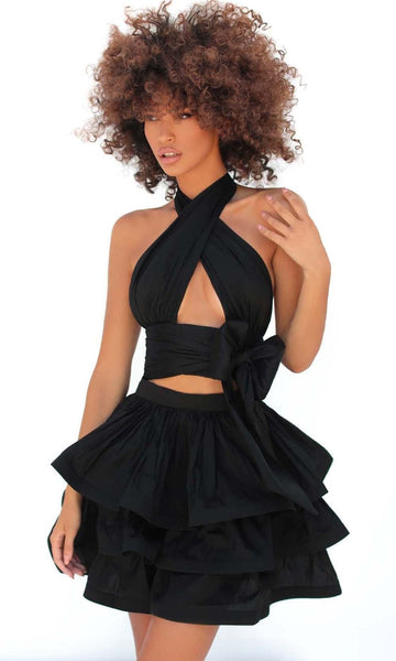 A-line Short Pleated Back Zipper Tiered Open-Back Gathered Cutout Taffeta Empire Waistline Halter Dress With a Bow(s) and a Ribbon