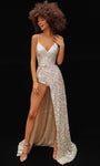 A-line V-neck Plunging Neck Belted Open-Back Back Zipper Slit Sequined Natural Waistline Floor Length Sleeveless Jersey Evening Dress