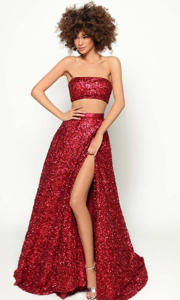 A-line Strapless Straight Neck Floor Length Open-Back Back Zipper Lace-Up Slit Sequined Empire Waistline Dress with a Brush/Sweep Train