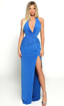 Sophisticated Jersey Floor Length Fitted Open-Back Draped Slit Back Zipper Sheath Halter Natural Waistline Sleeveless Sheath Dress/Evening Dress