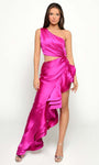 A-line Asymmetric Draped Cutout Gathered Natural Waistline Floor Length High-Low-Hem Ruffle Trim Satin Sleeveless Dress