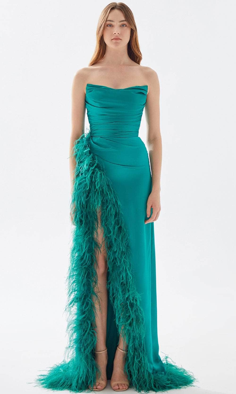 Tarik Ediz 52004 - Strapless Feathered Slit Prom Gown
