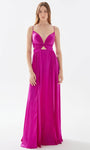 A-line V-neck Natural Waistline Plunging Neck Cutout Lace-Up Pleated Floor Length Satin Evening Dress