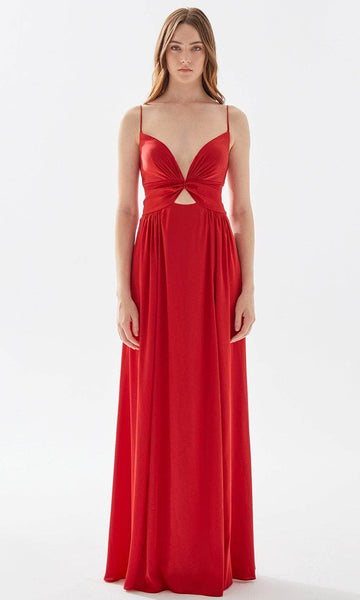 A-line V-neck Natural Waistline Satin Plunging Neck Pleated Cutout Lace-Up Floor Length Evening Dress