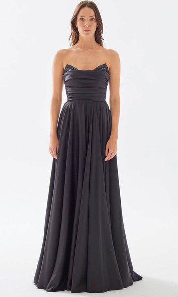 A-line Strapless Sequined Pleated Back Zipper Slit Satin Floor Length Natural Waistline Evening Dress with a Brush/Sweep Train