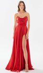 A-line Strapless Floor Length Satin Natural Waistline Sequined Back Zipper Pleated Slit Evening Dress with a Brush/Sweep Train