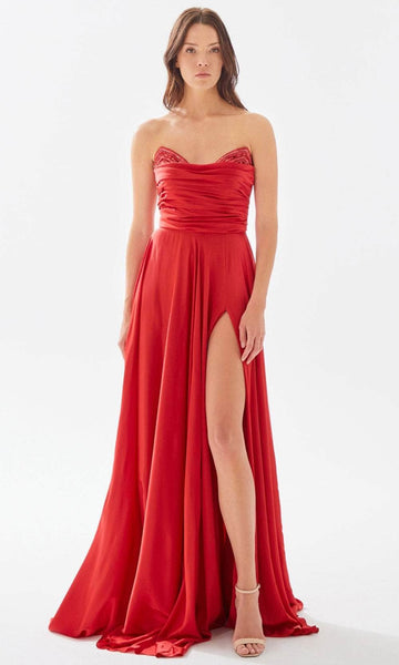 A-line Strapless Satin Floor Length Slit Sequined Pleated Back Zipper Natural Waistline Evening Dress with a Brush/Sweep Train